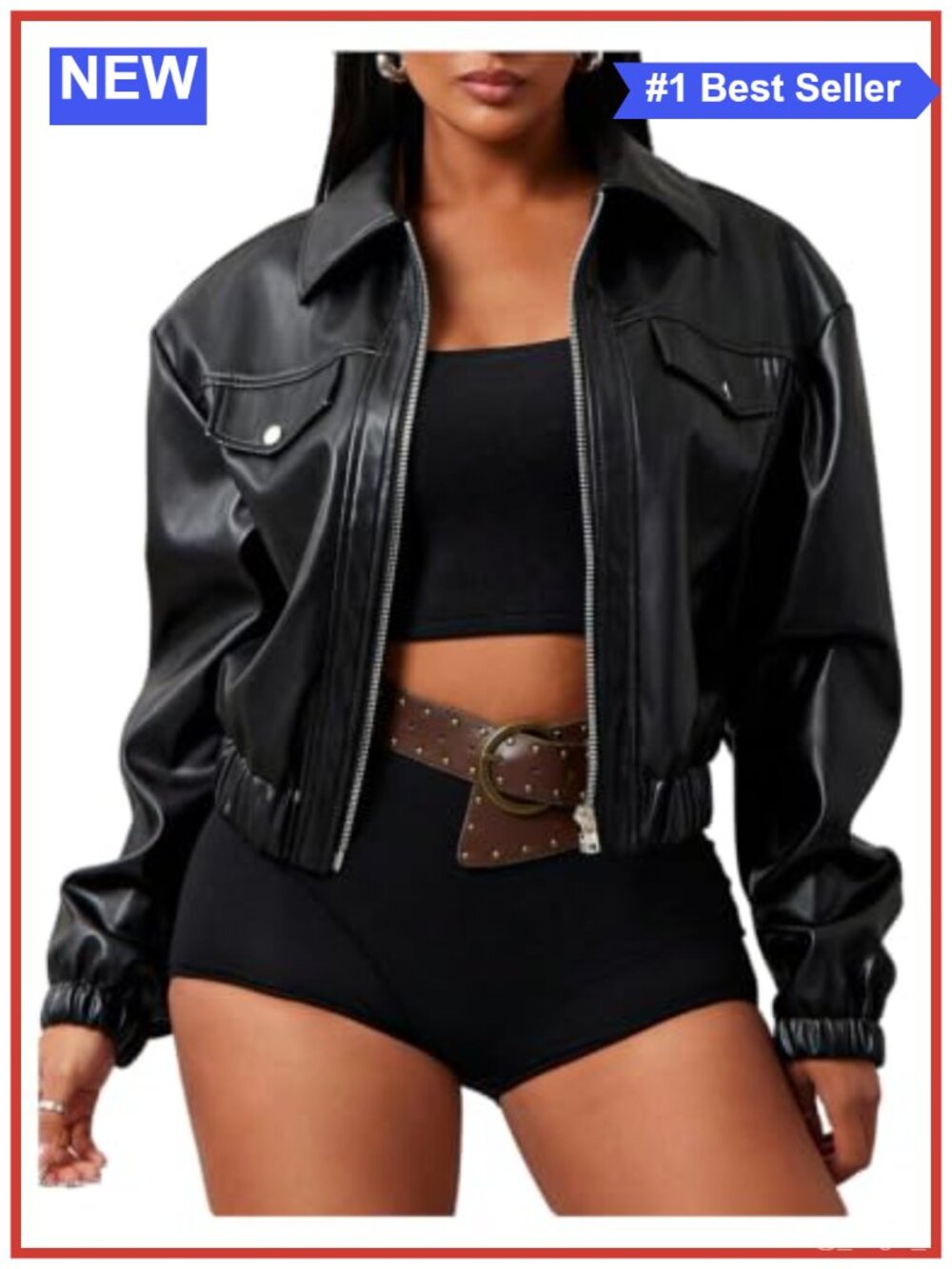 Faux Leather Zip Up Moto Biker Jacket Loose Fit Fall Coat
